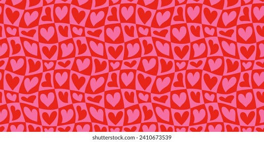 Ilustración de patrones sin fisuras del corazón de amor rojo. Corazón de fondo romántico de corazones rosados. Textura de fondo del día de San Valentín, diseño romántico de boda.	