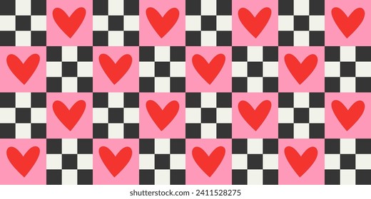 Red love heart seamless pattern illustration. Checkered romantic pink hearts background print. Valentine's day holiday backdrop texture, romantic wedding design.	