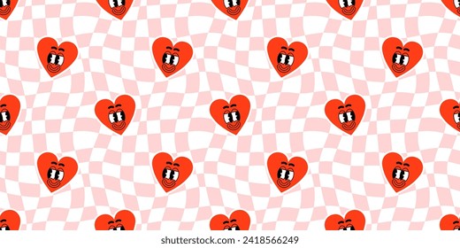 Red love heart seamless pattern illustration. Checkered romantic pink hearts background print. Valentine's day holiday backdrop texture, romantic wedding design.	