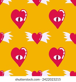 Red love heart seamless pattern illustration. Cute romantic pink hearts with wings background print. Valentine's day, romantic wedding design.
