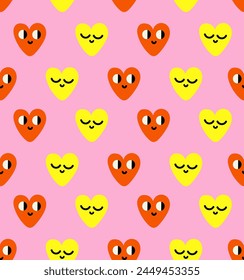 Red love heart seamless pattern illustration. in trendy retro 90s 00s cartoon style. Set Of Cool Retro Stickers Vector Design. Cool Y2K Stickers
