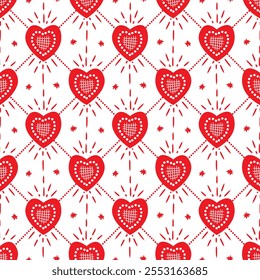 Red love heart seamless pattern illustration.Romantic heart white background wedding print.Hand drawn cute hearts lovely vector pattern.Design for Valentine's Day,backdrop texture,postcard,decoration.