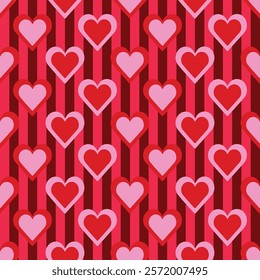 Red love heart seamless pattern illustration set. Cute romantic hearts background print. Valentines day holiday backdrop texture. Vector illustration.