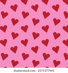 Red love heart seamless pattern illustration. Romantic minimalistic print with hand drawn doodle hearts for valentines day decoration. Vector texture.