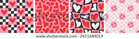 Red love heart seamless pattern illustration set. Cute romantic checkered pink hearts background print collection. Valentine's day holiday backdrop texture, checker board romantic design.	