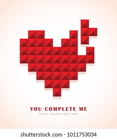 Red love or heart shape in 3D pixel art isolated on pink background. Valentines day icon. You complete me. Flat vector illustration.