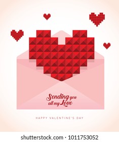 Red love or heart shape in 3D pixel art with envolope isolated on pink background. Valentines day icon. Sending you all of my love. Flat vector illustration.