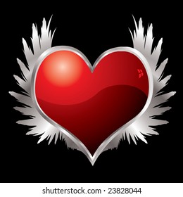 Red love heart with a silver bevel and metal wings
