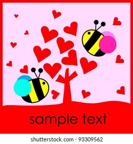 red love heart tree with two bee Valentine's Day card