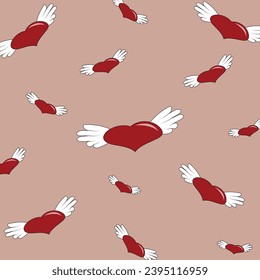 Red love heart with wings illustration. Cute romantic red hearts background . Valentine's day holiday backdrop texture, romantic wedding design.Pink background.