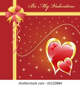 Red love hearts and bow for valentines day or any romantic event. Copy space for text. Raster also available.