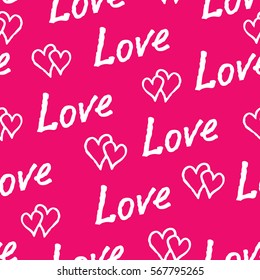 Red love hearts and handwritten lettering LOVE seamless pattern. Doodle sketch holiday tile ornament