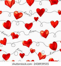 Red love hearts seamless pattern. Illustration of wallpaper with various hearts. Valentine's Day holiday background texture, print, sportswear, designer blank