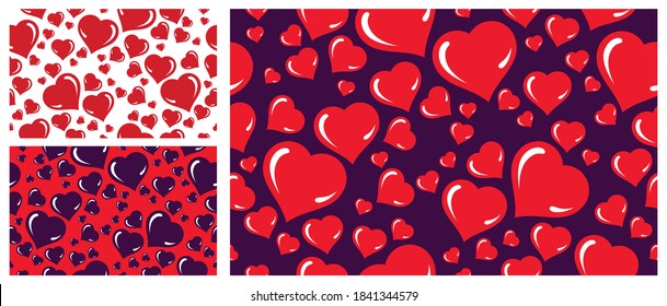 Red love hearts seamless vector background set, endless wallpaper passion symbols, Valentine Day dating theme.