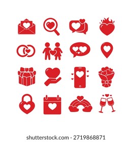 Conjunto de iconos de amor rojo con símbolos románticos del corazón, ideal para San Valentín, boda, interfaz de usuario, marca y diseños creativos.