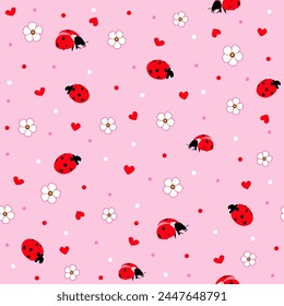 red love ladybugs seamless pattern. botanical garden insect  floral print. good for fabric, textile, wallpaper, wrapping paper, clothing, background.