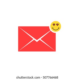 red love letter icon with emoji. concept of billet-doux, sms, amorousness, cheerful, relationship, mailing, comic avatar, enamored. flat style trend modern logo graphic design on white background