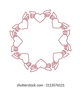 Red Love monoline icon vector doodle frame hearts with wings. Hand drawn wreath valentine day with copyspace. Decor for greeting card, wedding, mug, photo overlays, flyer, poster design.