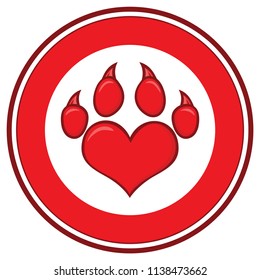 Red Love Paw Print Circle Logo Design. Vector Illustration With Background