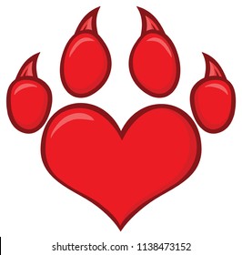 Red Love Paw Print Logo Design. Vector Illustration With Background