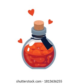 Red love potion in a bottle for Halloween. Vector, white background, isolated.