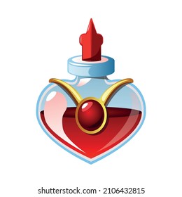 Red love potion in glass vial in shape of heart realistic icon vector illustration