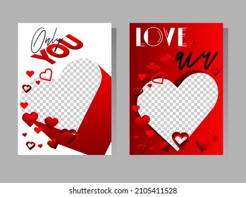 Plantillas de presentaciones de amor rojas con corazones. Diseño con frases románticas. Día de San Valentín, tipografía de bodas para volante, libro, afiche, volante, folleto, diseño de portada.