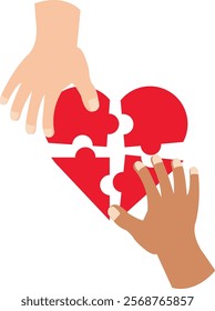 Red Love Puzzle with Two Hands with Light and Dark Skin