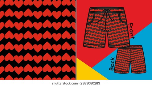 Red Love Seamless Pattern in Black. Short Pants Mockup Vector Design for Versatile Media Use