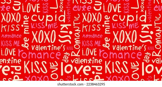 Red love text quote seamless pattern illustration. Cute romantic background word print. Valentine's day handwritten backdrop texture, romantic wedding phrase design.