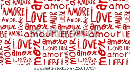 Red love text quote seamless pattern illustration in different languages. Cute romantic background wallpaper print. Valentine's day handwritten texture with spanish, french, italian and german.