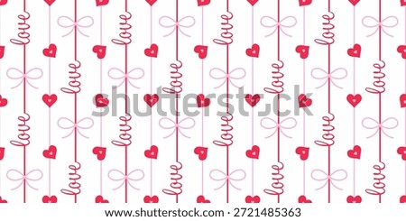 Red love text with striped ribbons, hearts and cute bows seamless pattern for Valentines day romantic concept design