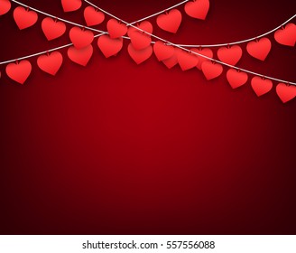 Red love valentine's background with garland of hearts. Vector illustration.