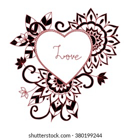 Red Love zentangle style for background, invintation card or coloring book for adults