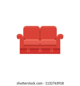 Red loveseat. Double sofa. Vector illustration. Flat icon of settee. Element of modern home and office furniture. Front view.