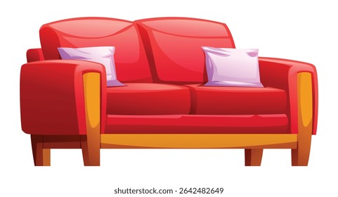 Red loveseat with two purple throw pillows and wooden arm details, adding a pop of color. Vector cartoon illustration