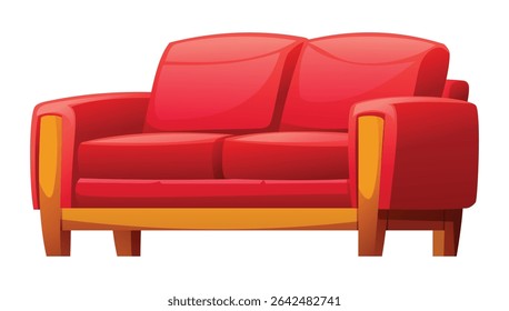 Red loveseat with wooden arm accents and a sturdy base, perfect for living space. Vector cartoon illustration
