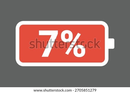 Red Low Battery Icon Showing 7% Charge – Warning Power Level Stock Image