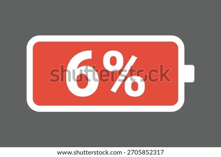 Red Low Battery Icon Showing 6% Charge – Warning Power Level Stock Image