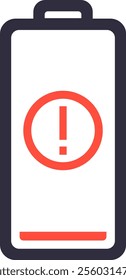 Red low battery warning sign appearing on an almost empty battery icon, indicating a critical power level and the need to recharge or replace the battery immediately to avoid device shutdown