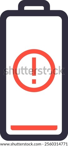 Red low battery warning sign appearing on an almost empty battery icon, indicating a critical power level and the need to recharge or replace the battery immediately to avoid device shutdown