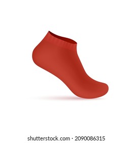 Red low cut sock realistic 3d mockup. Hidden non slip sport sock with elastic band on the foot, vector illustration.