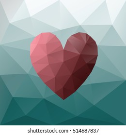 Red Low poly heart on blue triangular background - Valentine's card concept design