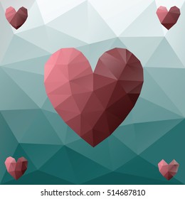 Red Low poly hearts on blue triangular background - Valentine's card concept