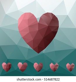 Red Low poly hearts on blue triangular background - Valentine's card concept design