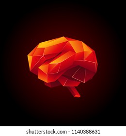 Red low poly human brain on a black background. Abstract anatomy organ. Brain in 3D polygon style.