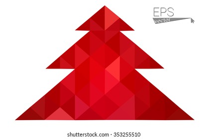 Red low polygon style christmas tree vector illustration consisting of triangles . Abstract triangular polygonal origami or crystal design of New Years celebration. Isolated on white background.