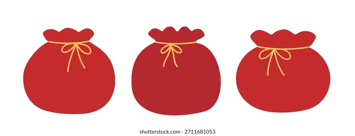 Conjunto de elementos de bolso de la suerte rojo.
Ilustración vectorial plana del bolsillo del dinero del año Nuevo chino.
Fondo blanco.