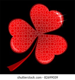 Red Lucky Puzzle heart Clover. Valentines flat icon, vector