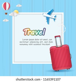 Red luggage and Airplane aerial with check in point travel around the world concept blue wood on Background, balloon, cloud, Card for greeting Poster, banner, paper art, Vector illustration.  